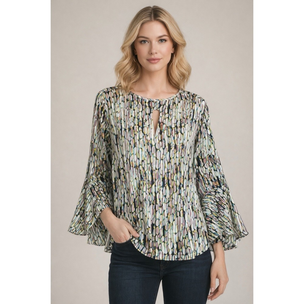 Waverly Grey Liberant Top‎ Art-to-Wear Blouse L Boho Keyhole Bell Sleeve Career